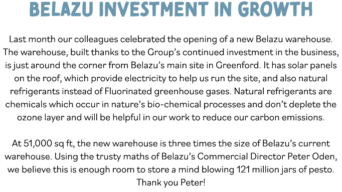 Belazu Investment in growth  Last month our colleagues celebrated the opening of a new Belazu warehouse  The warehous   