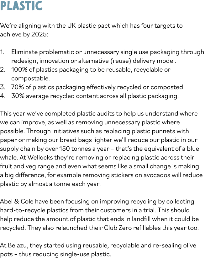 Plastic We re aligning with the UK plastic pact which has four targets to achieve by 2025:  Eliminate problematic or    