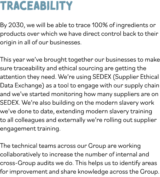 Traceability By 2030, we will be able to trace 100% of ingredients or products over which we have direct control back   